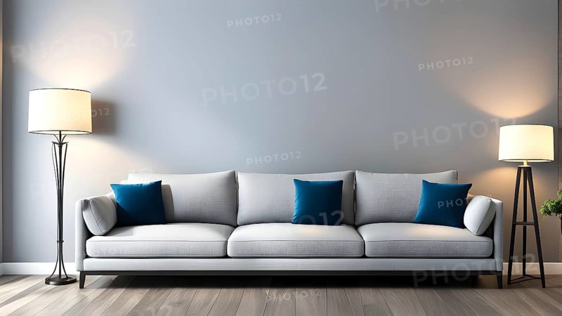 3d rendering of a couch with cushions and a floor lamp, AI generated