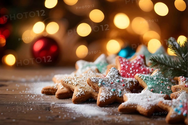 A detailed shot of Christmas cookies on a wooden table, featuring star-shaped cookies with colorful icing, sprinkles, and powdered sugar, AI generated