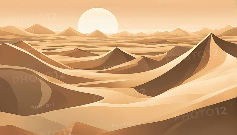 Abstract desert scene with triangular sand dunes and a single circular sun, using sharp lines and subtle gradients in neutral earth tones, AI generated