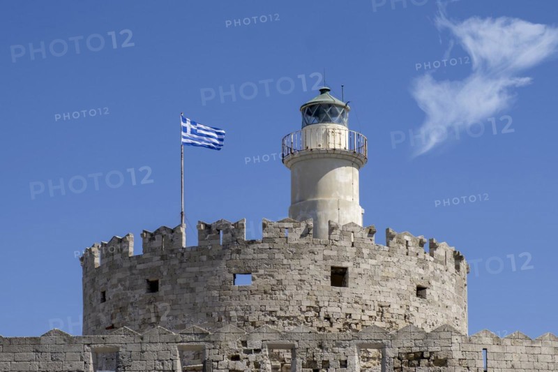 Agios Nikolaos Fortress with Lighthouse, Mandraki Harbour, Rhodes Town, Rhodes, Greece, Europe