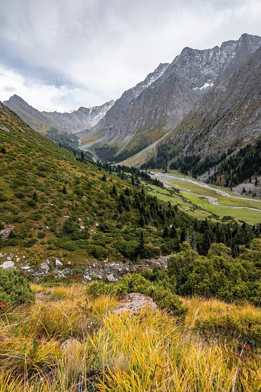 Green mountain valley with river and steep mountain peaks, Chong Kyzyl Suu Valley, Terskey Ala Too, Tien-Shan Mountains, Kyrgyzstan, Asia