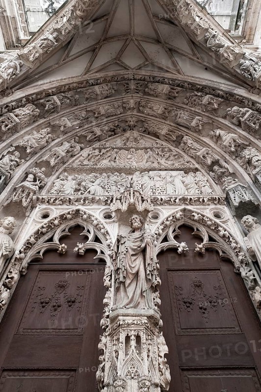 Gothic entrance portal designed with figure reliefs, 1385-1415, Regensburg Cathedral, St Peter's, start of construction 1273, Regensburg, Upper Palatinate, Bavaria, Germany, Europe