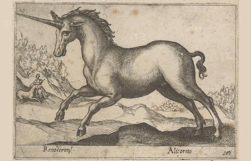 Mythical creature, unicorn, drawing by Antonio Tempesta (1555, 1630), Italy, Historical, digitally restored reproduction from a 19th century original, Record date not stated, Europe