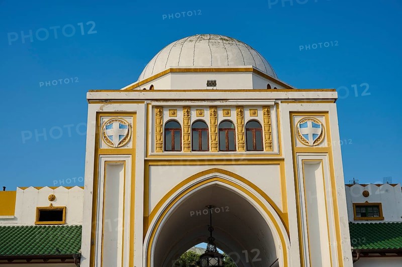 Market Hall, Nea Agora, building with a large dome and a decorative archway, Greek architecture with crosses under a blue sky, Rhodes Old Town, Rhodes Town, Rhodes, Dodecanese, Greek Islands, Greece, Europe