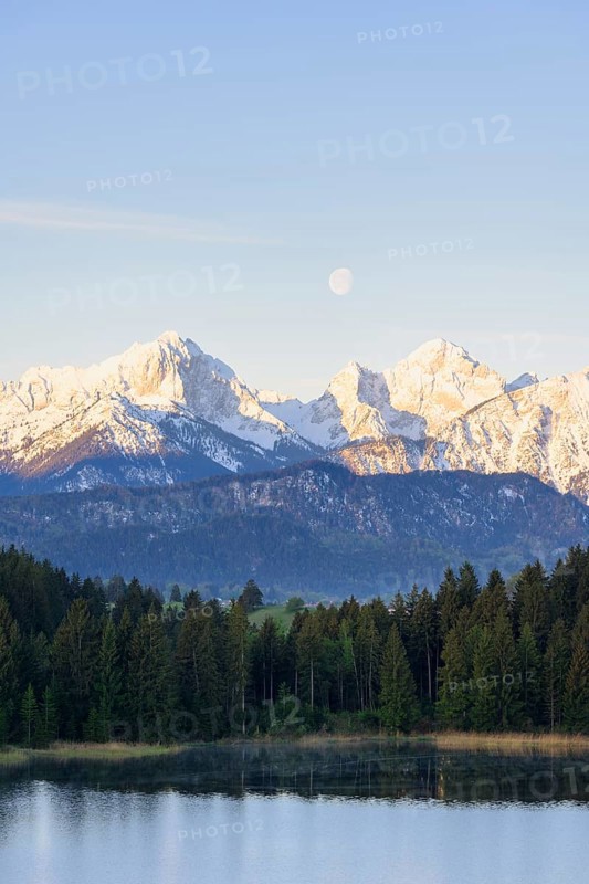 Hegratsrieder See near Füssen, Allgäu Alps, snow, moon, Allgäu, Bavaria, Germany, Europe