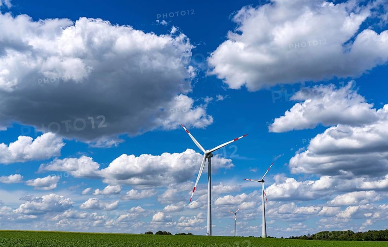 Wind farm, wind turbine, wind turbines from the manufacturer Enercon, blue sky with many white clouds, between Schermbeck and Dorsten, country road, Bestener Straße, North Rhine-Westphalia, Germany, Europe
