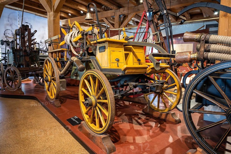 Historic fire engines in the Fire Brigade Museum, Salem Castle, Lake Constance, Lake Constance district, Baden-Württemberg, Germany, Europe