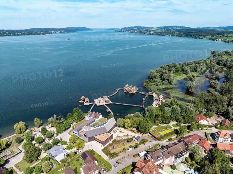 Aerial view of the pile dwellings, Lake Dwelling Museum, Open Air Museum Unteruhldingen, Uhldingen-Mühlhofen, Lake Constance, Lake Constance, Baden-Württemberg, Germany, Europe