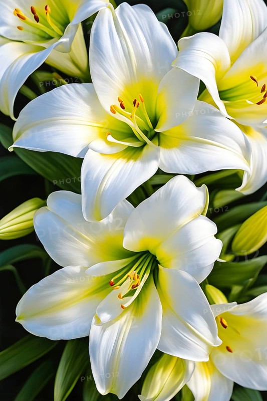 Blooming Easter lilies with soft white petals and a yellow center, bathed in gentle sunlight, AI generated