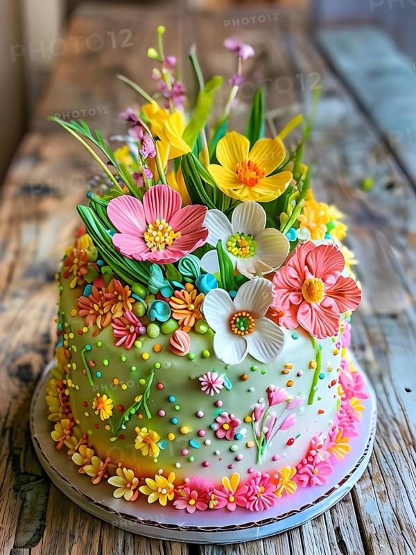 Decorated Easter cake with intricate icing flowers and colorful sprinkles, placed on a rustic wooden table, AI generated