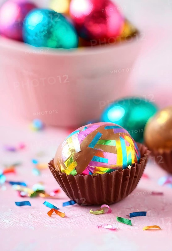 Small chocolate Easter eggs wrapped in shiny foil, placed on a bed of shredded pastel-colored paper, AI generated