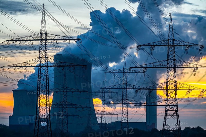 Lignite-fired power plant, RWE Power AG Niederaussem power plant, sunset, Bergheim, North Rhine-Westphalia, Germany, Europe