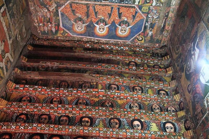 Amhara region, near Gondar, Gonder, mural painting, church ceiling with angel heads and cross ornaments in the church of Debre Berhan Selassie, built in the 17th century, UNESCO, World Heritage Site, world, heritage, cultural heritage, Ethiopia, Africa