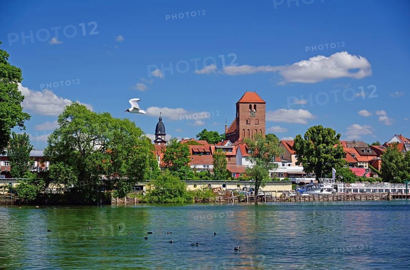 Europe, Germany, Mecklenburg-Western Pomerania, Waren an der Müritz, View of the town and St George's Church, Gothic brick basilica, Waren an der Müritz, Mecklenburg-Western Pomerania, Germany, Europe
