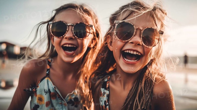 Two young girlfriends posing wearing sunglasses having fun on the beach, generatvie AI, AI generated