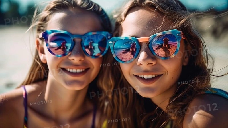 Two young girlfriends posing wearing sunglasses having fun on the beach, generatvie AI, AI generated