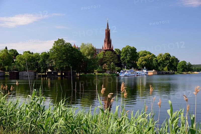 Europe, Germany, Mecklenburg-Western Pomerania, island town Malchow, view to the cultural centre Kloster Malchow, monastery complex from the 13th century with neo-Gothic church from the 19th century, Malchow, Mecklenburg-Western Pomerania, Germany, Europe