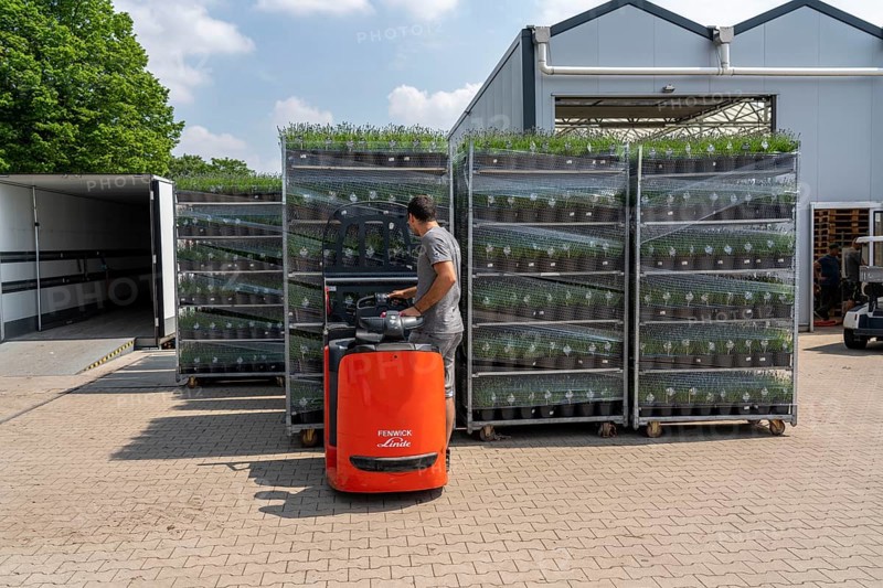 Horticultural company, lavender plants, in flower pots, outdoors, are packed for transport to the customer, North Rhine-Westphalia, Germany, Europe