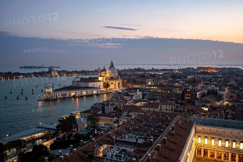 Evening atmosphere, illuminated Basilica di Santa Maria della Salute and St Mark's Square, view from the Campanile di San Marco bell tower, city view of Venice, Veneto, Italy, Europe