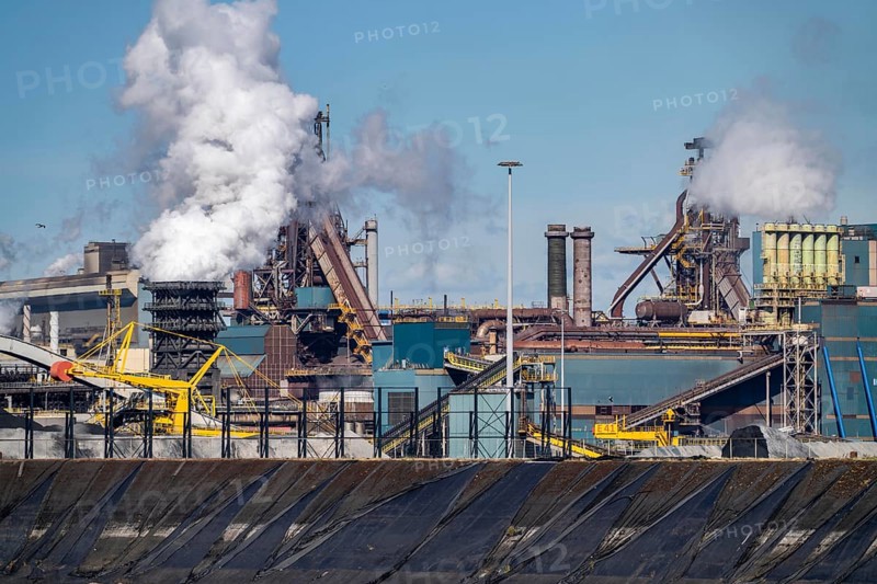 The Tata Steel steel and metallurgical plant in IJmuiden, Velsen, North Holland, Netherlands, largest industrial area in the Netherlands, 2 blast furnaces, 2 coking plants, rolling mills, directly on the North Sea, estuary of the river Ij, Ijmuiden aan Zee
