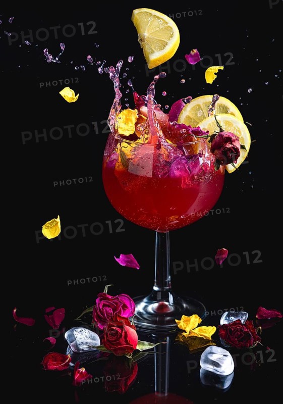 A colourful splashing cocktail with lemon slices, surrounded by flowers, reflection, dark background