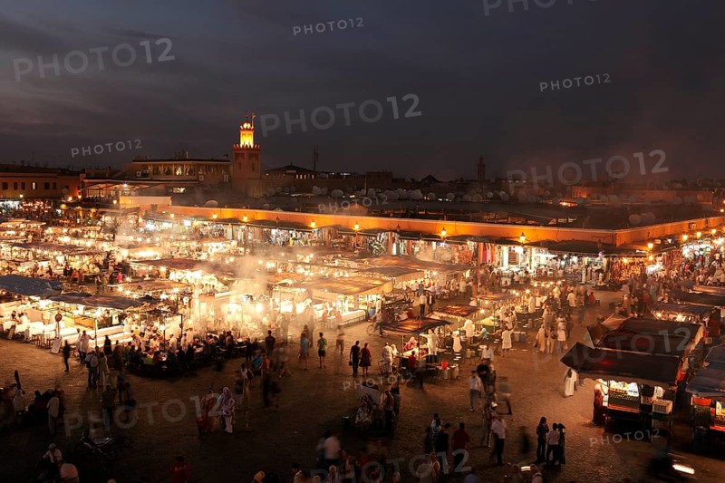 Restaurants in the evening on the Djemaa el Fna square in Marrakech, Morocco, Africa