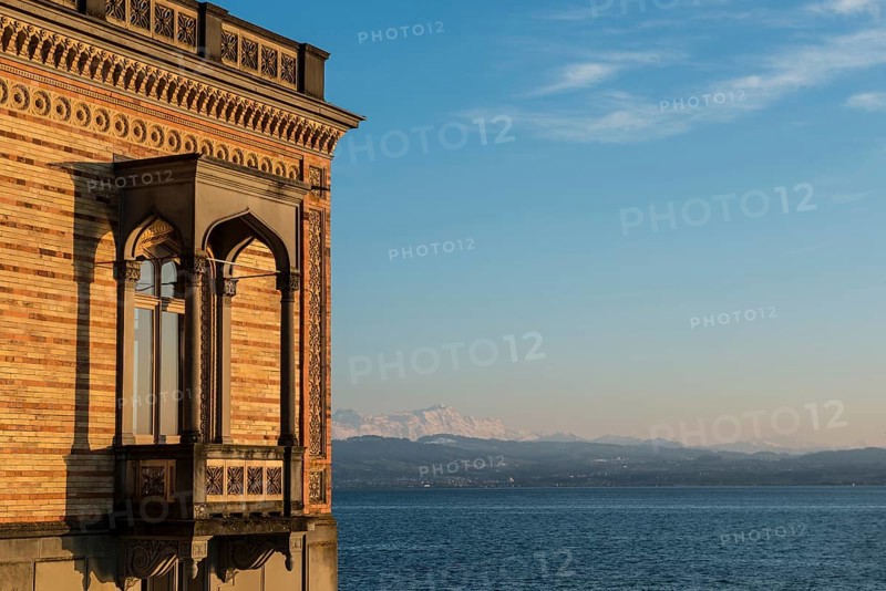 Montfort Castle and Swiss Alps, sunset, Langenargen, Upper Swabia, Lake Constance, Baden-Württemberg, Germany, Europe