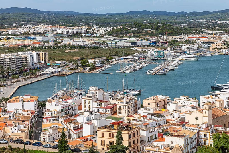Above the rooftops of the old town of Eivissa, Ibiza Town, with views of the harbour, Ibiza, Balearic Islands, Mediterranean Sea, Spain, Europe