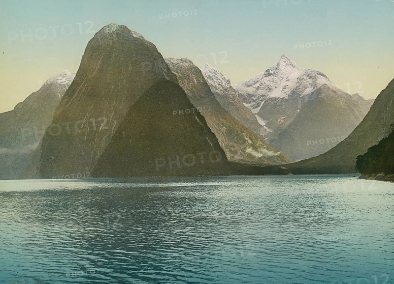 The Lion, Milford Sound, New Zealand, 1890, Historic, digitally restored reproduction from a 19th century original, The Lion, New Zealand, Historic, digitally restored reproduction from a 19th century original, Oceania