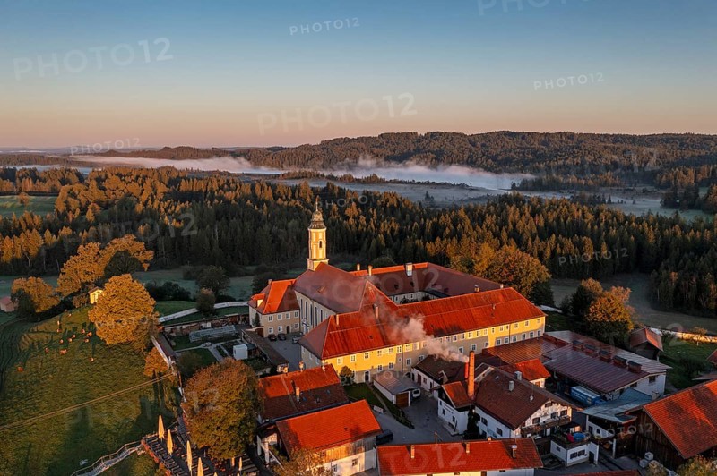 Reutberg Monastery, Sachsenkam, Tölzer Land, aerial view, Alpine foothills, Upper Bavaria, Bavaria, Germany, Europe