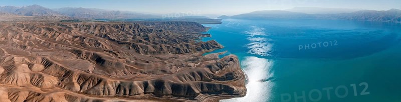 Aerial view, erosion landscape on the Naryn River, Toktogul Reservoir, Kyrgyzstan, Asia