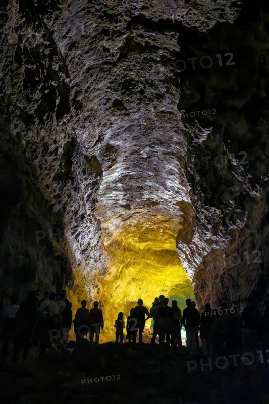 Lava tunnel Cueva de los Verdes with the light installation by Jesús Soto, Costa Teguise, Lanzarote, Canary Islands, Canary Islands, Spain, Europe