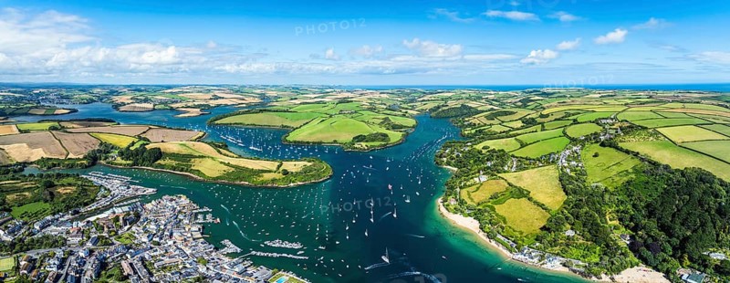 Panorama of Salcombe and Mill Bay over Kingsbridge Estuary from a drone, Batson Creek, Southpool Creek, Devon, England, United Kingdom, Europe