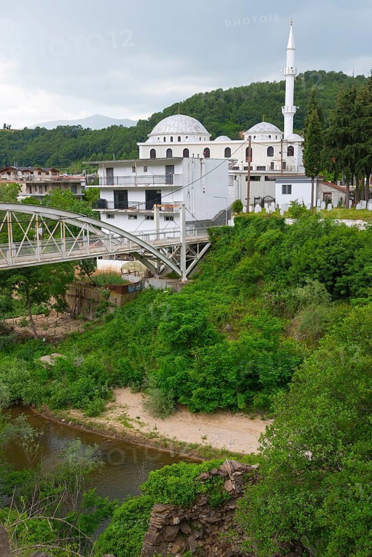 A mosque with a white dome and minaret next to a bridge over a river, surrounded by greenery, Kosynthos River, Sminthi, Myki, Xanthi, Eastern Macedonia and Thrace, Greece, Europe