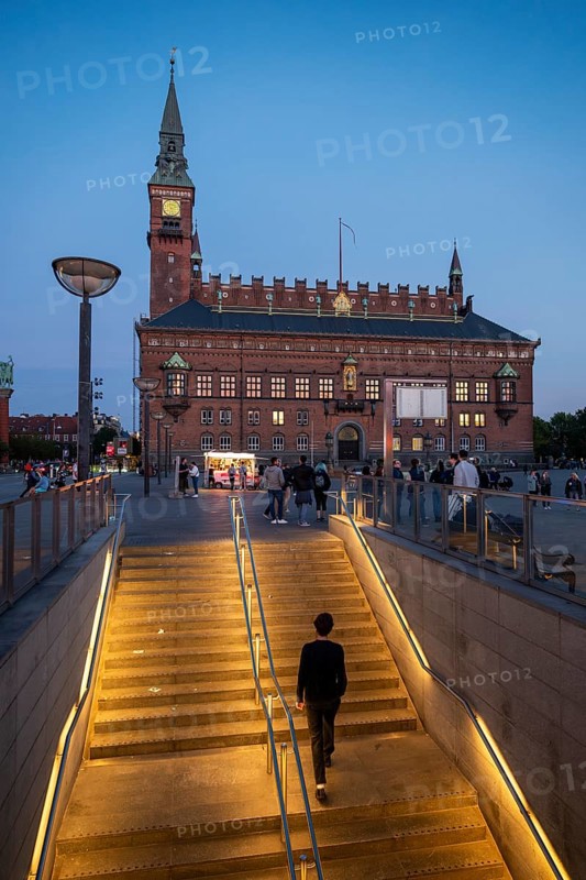 Illuminated staircase, metro station, town hall in national romantic style by Martin Nyrop, Town Hall Square, Rathausplatz or Rådhuspladsen in the evening, Copenhagen, Denmark, Europe