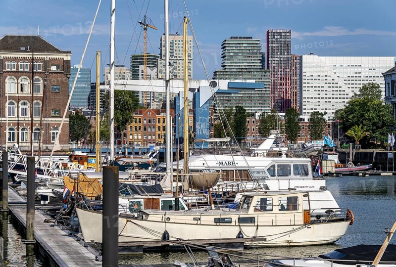Rotterdam Marina, behind high-rise buildings in the Maritiem District on the other side of the Nieuwe Maas, bascule bridge, pleasure craft harbour, sailing boats, motor yachts, in the inland harbour, Feijenoord district, Rotterdam, Netherlands