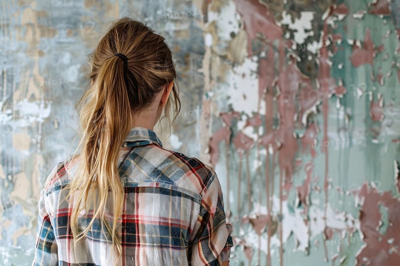 Back view of young woman looking at old run down wall in need of renovation. Generative AI, AI generated