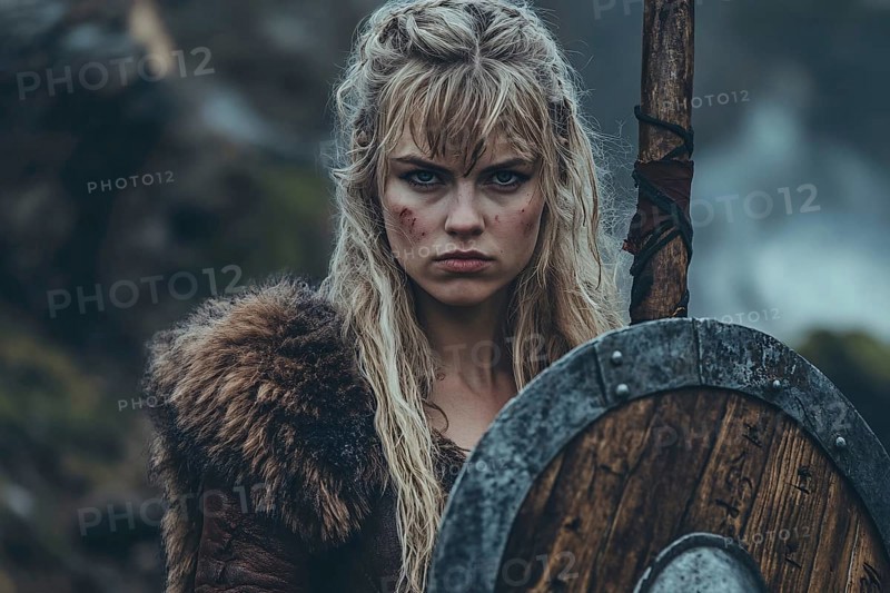 Female viking with shield and spear, AI generated
