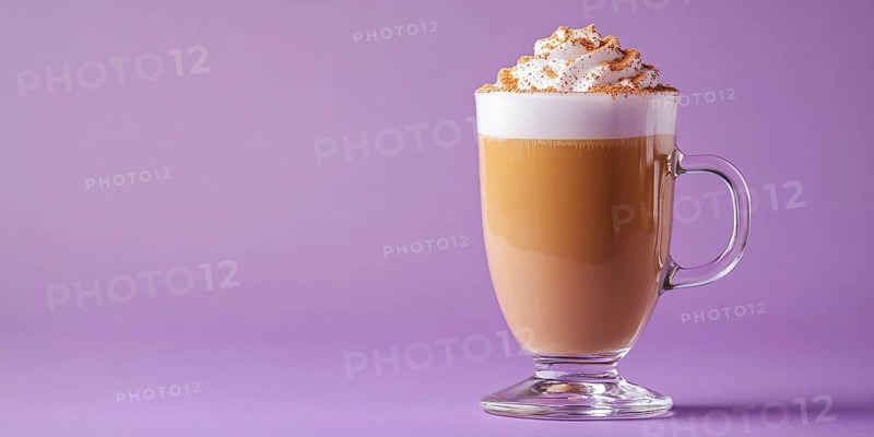 Banner with glass with seasonal pumpkin spice latte on violet background with copy space. Generative Ai, AI generated