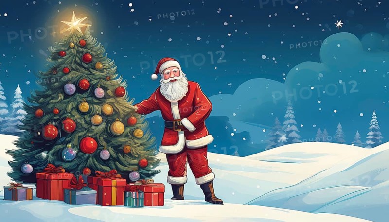 Illustration Father Christmas leaning against a Christmas tree with presents in a winter landscape at night, AI-generated image, AI generated