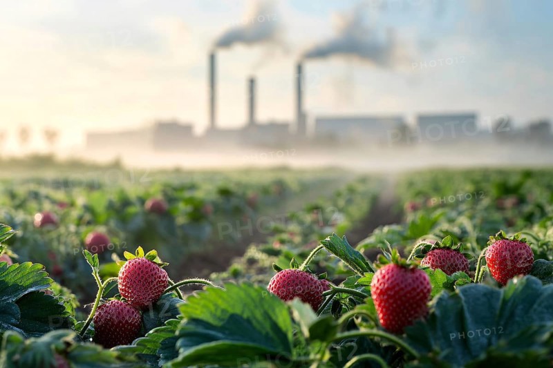 Agricultural field with strawberry fruits and factory with grey fumes in background. Generative Ai, AI generated