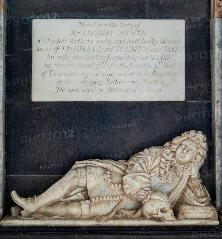 Family memorial monument to Thomas Jermyn aged 15, died 1692, Church of Saint Nicholas, Rushbrooke, Suffolk, England, UK