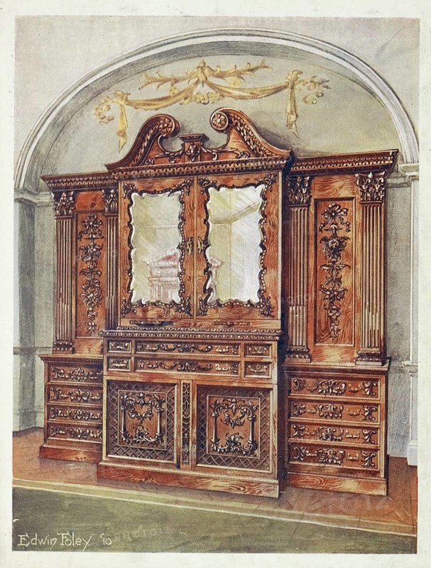 Furniture around the turn of the century 1900, Carved enclosed mahogany bookcase in the Chippendale style (1910, 1911), Carved enclosed mahogany bookcase-style of Chippendale (1910, 1911) .jpg