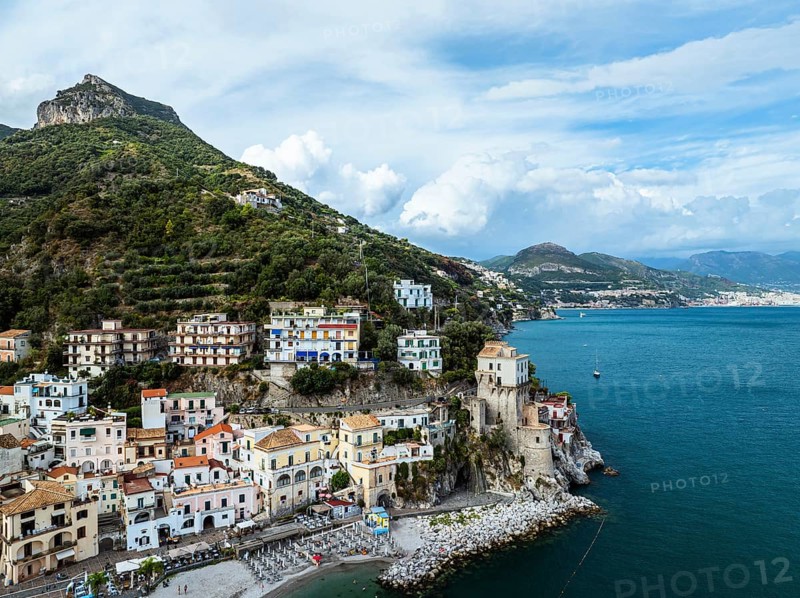 Cetara from a drone, Amalfi Coast, Salerno, Campania, Italy, Europe