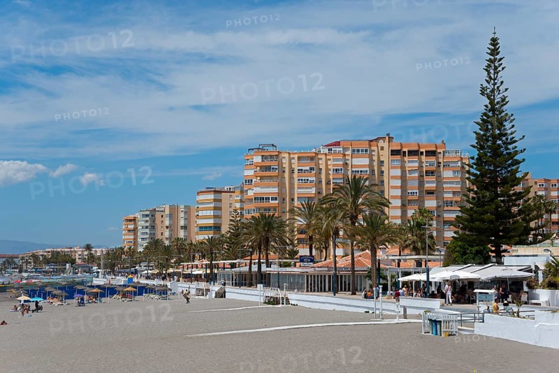 Beach promenade with high residential buildings and palm trees, summer sky, Torrox, Málaga province, Malaga, Torrox, Málaga province, Malaga, Andalusia, Spain, Andalusia, Spain, Europe