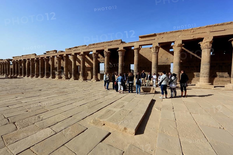 Temple of Isis, Temple of Philae on the island of Agilkia, Temple of Isis, tourists in front of the Sauelengang, part of the temple complex, Africa, Upper Egypt, Egypt, Africa