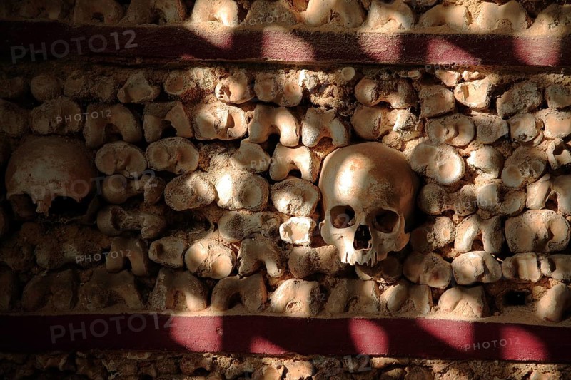 Capela dos Ossos, Bone Chapel, an ossuary in Faro, Portugal, which belongs to the 18th century Baroque Carmelite Church of Nossa Senhora do Carmo, Europe