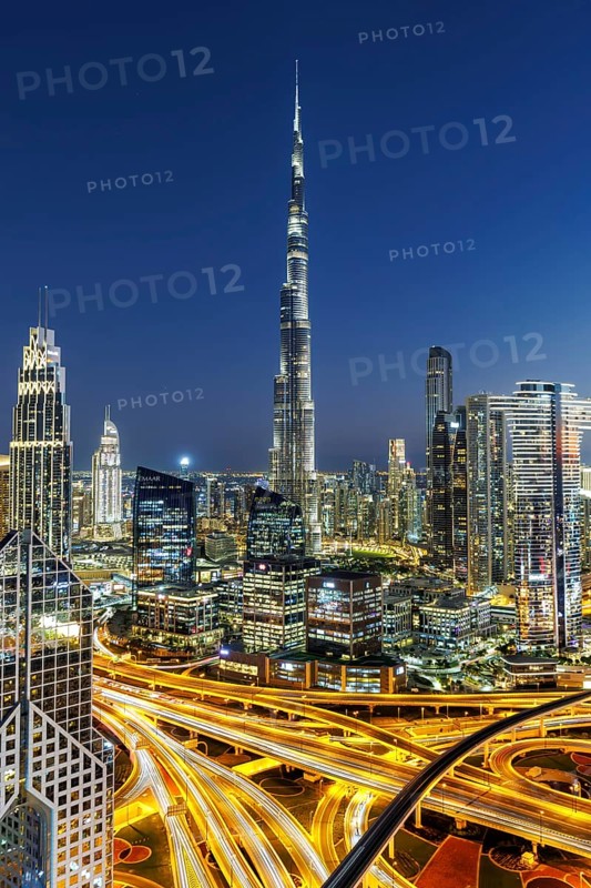 Burj Khalifa skyline tallest building in the world from above at night in Dubai, United Arab Emirates, Asia