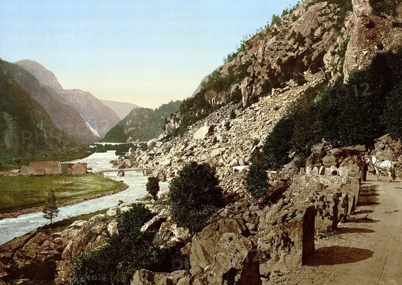 On the road from Laatefos to Odde, Latefoss to Odda, Hardangerfjord, Norway, View from 1885, Historical, digitally restored reproduction from a 19th century original, Record date not stated, Europe