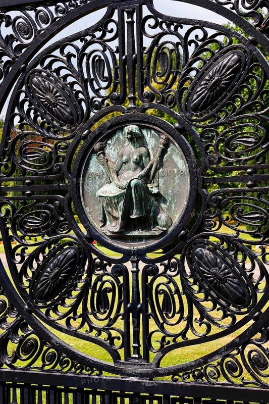 Representation of Amicitia (friendship) at the entrance gate to the Peace Palace, seat of the International Court of Justice of the United Nations, The Hague, Holland, Netherlands
